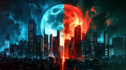 Fototapeta premium Wealth and poverty concepts art. Rich and poor. Social contrasts. Socialism and capitalism. Slums versus wealthy city skyline. Futuristic dystopian and cinematic moon. Glowing neon lights