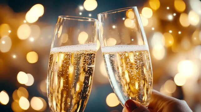Stylish party scene, people in chic evening attire raising glasses of sparkling wine, elegant decor, soft bokeh lighting for a luxurious feel