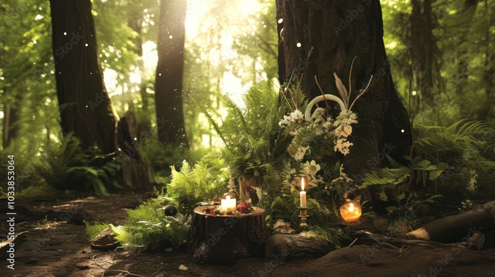 Poster a forest scene with a tree trunk that has candles and flowers on it