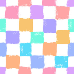 Vector checkerboard pattern. Seamless colorful brush stroke background. Checkered print, pink, purple, blue, orange, yellow and white colors. Painted ornament for kids. Rainbow motif. Childish design