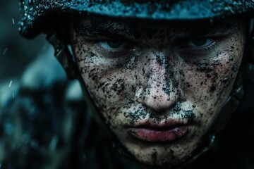 Obraz premium A soldier's face smeared with mud, featuring a fierce, determined expression. The intense eyes convey resolve and readiness in harsh combat environments.