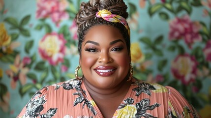 Obraz premium middle age woman plus size smiling on blue background