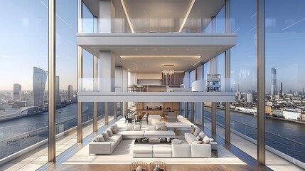 Spectacular modern high-rise apartment with glass walls offering panoramic city and river views in a luxurious urban architectural setting