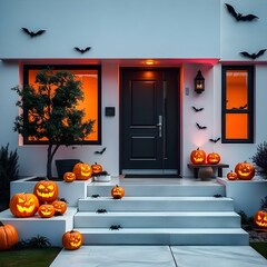 Halloween Decor with Carved Pumpkins and Bats at Modern House