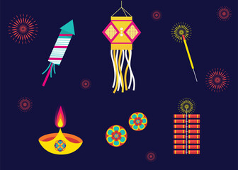 happy Diwali. Indian festivals of light with Diwali elements. Abstract vector illustration design. Lantern, firecrackers, festival of lights Happy Diwali, holiday.