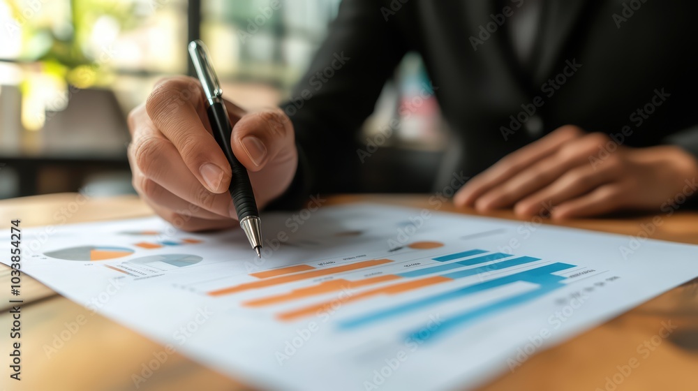 Poster a business professional analyzing charts and graphs on a document in a modern office setting, highli