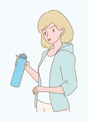 Young woman wearing sport wear, holding bottle of water, drinking more water. Girl holding reusable water bottle. Hand drawn flat cartoon character vector illustration. 