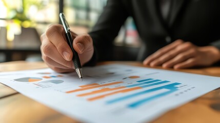 A business professional analyzing charts and graphs on a document in a modern office setting, highlighting data insights.