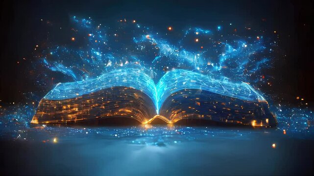 A futuristic digital book glowing with blue light and surrounded by sparkling particles, representing digital learning, technology, and knowledge
