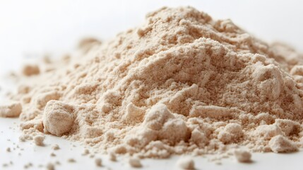 heap of protein powder on white.