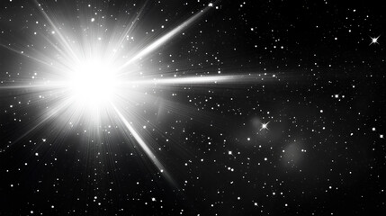 White bright star and shimmering glare, transparent sunlight special lens flare light effect. Solar flare. Sun flash