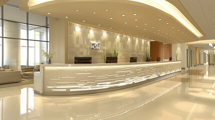 A modern, spacious, and elegantly designed reception area featuring a long, illuminated counter with comfortable seating and stylish lighting