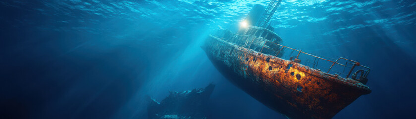 Naklejka premium submarine exploring sunken shipwreck in deep blue waters, showcasing beauty and mystery of underwater exploration. rusted ship evokes sense of adventure and history