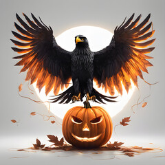 A black eagle with a pumpkin and skull pattern on its wings. It flies around a neon glowing pumpkin. White background.