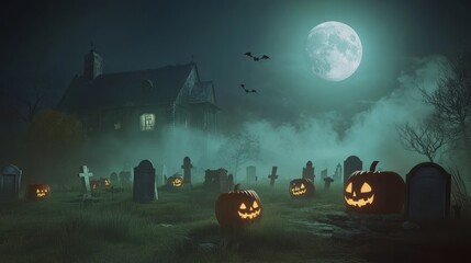 A dark, eerie Halloween night, full moon glowing brightly, fog rolling through an old cemetery with tombstones, jack-o'-lanterns glowing with candles