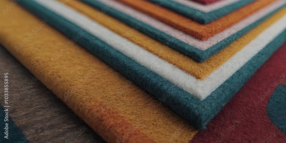 Aufkleber a stack of colorful rugs with a brown one at the bottom