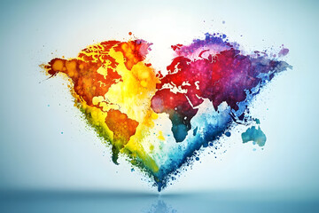 A vibrant world map illustration forming a heart shape, symbolizing love and global unity through artistic splashes of color.