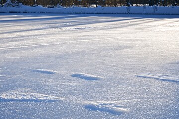 Sparkling Winter Landscape: Frozen Lake with Footprints