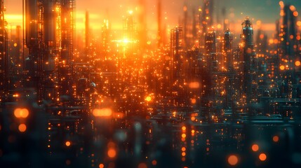 Fototapeta premium Futuristic Illuminated City Skyline Reflecting in Water at Night with Glowing Architectural Landscape