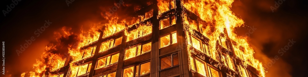 Poster a building is on fire with flames shooting out of the top. the building is tall and has many windows