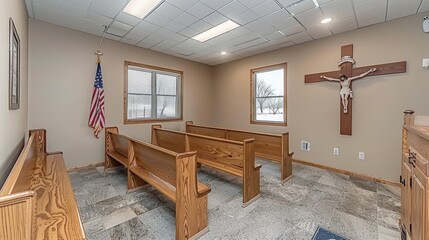 A serene and intimate small chapel interior with simple wooden pews and a prominent wall crucifix, offering a peaceful atmosphere for reflection