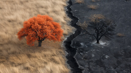 Life and Death Contrast Landscape: Vibrant Orange Tree and Barren Land