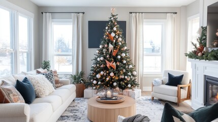 Cozy Christmas Living Room with Decorated Tree