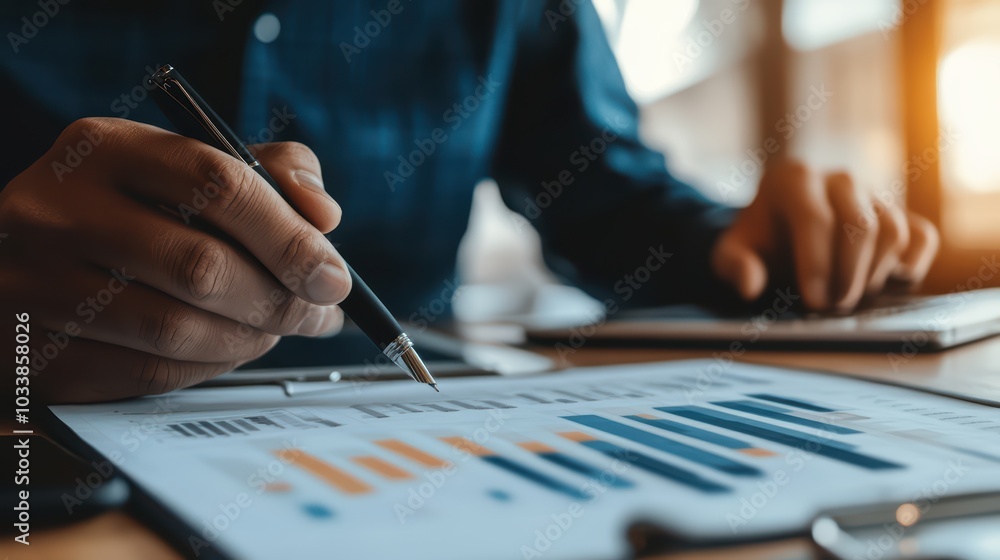 Poster a close-up of a person analyzing charts and statistics with a pen, highlighting data trends in a mod