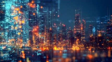 Fototapeta premium Dazzling Futuristic Metropolis with Towering Skyscrapers and Modern Architecture Illuminated at Night