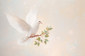 Obraz premium White dove flying with olive branch on light background