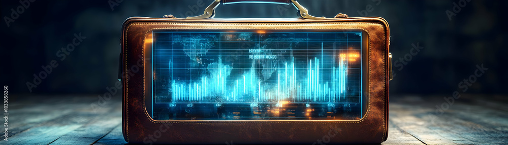 Poster holographic profit projection in open briefcase vector - leather texture briefcase with glowing edge