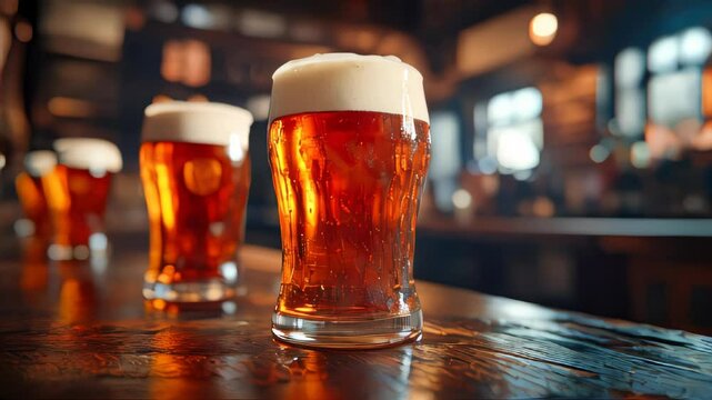 Craft beer in frosty glasses with rich amber hues and a foamy head, perfectly lined up on a rustic wooden bar in a cozy pub setting