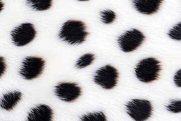 dalmatian dog fur, black spots on a white background, resembling animal fur or fabric. The pattern is random and varied in size, creating a striking visual contrast.