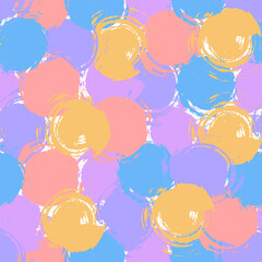 Brush stroke polka dot pattern. Seamless colorful vector background. Painted texture of blue, purple, orange, yellow and pink elements. Funny design for children