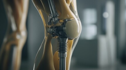 A close-up of a mechanical knee joint displayed in a modern laboratory. The intricate design showcases advanced engineering and materials, emphasizing the functionality of prosthetic technology.