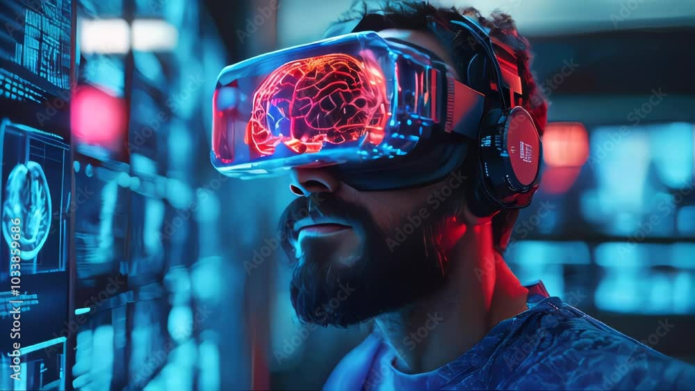 Aufkleber a man wearing a futuristic vr headset with a brain scan visible. a scene highlighting virtual realit