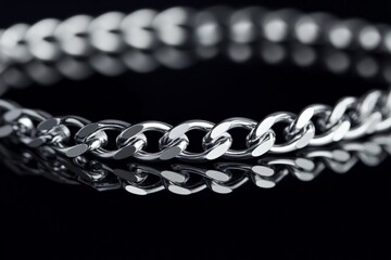 Close-up view of a shiny silver chain reflecting light across its intricately linked surface, creating a visually striking modern composition.