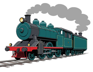 steam locomotive on a railway, isolated on a white background