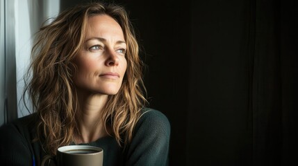 Woman in her 40s enjoying a quiet birthday morning, sitting by the window with a cup of coffee, soft sunlight streaming in