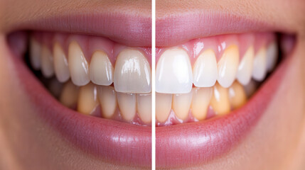 A close-up photo showing the same set of teeth, with one side displaying the teeth before whitening and the other side showing the teeth after whitening. 