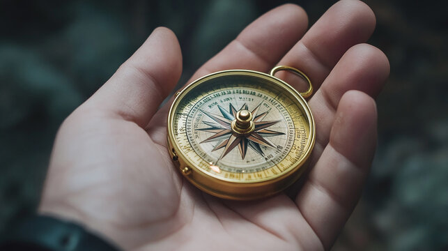 Strat-compass in digital hand. Vision crisis, Mission path, Creative agency, Digital strategy, Market decisions, Achievement strategies, Financial stock, Company vision concepts.