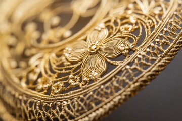 Naklejka premium A close-up image reveals the delicate patterns of a golden pendant, featuring floral motifs with skilled craftsmanship and artistic elegance in each detail.