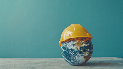 Symbol of safety and health at work: the planet Earth and the helmet. A safety and health concept for the World Day of Safety and Health at Work.