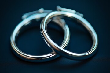 A close-up image displays two elegant silver hoop earrings resting on a dark blue surface, showcasing their shiny and smooth texture with a reflective glow.