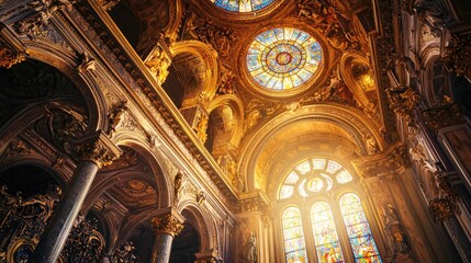 Obraz premium A close-up of the domed ceiling of an ornate church with detailed frescoes and stained glass windows