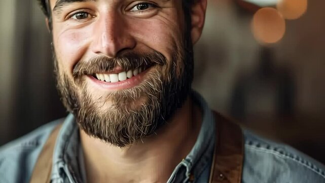 Cheerful Bearded Brewer in Casual Denim Shirt and Leather Apron at Craft Brewery with Warm Lighting and Bokeh Effects, International Beer Day