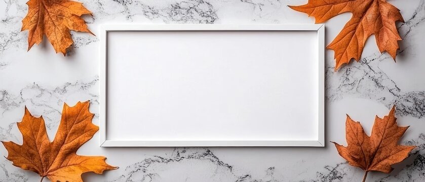 A flat lay design featuring orange autumn leaves and a white frame on a marble background.