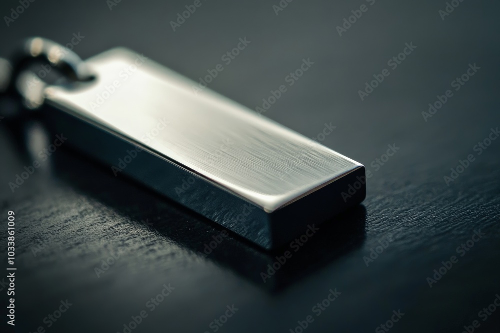 Poster a sleek and modern rectangular metallic pendant rests on a dark surface, highlighting its smooth fin