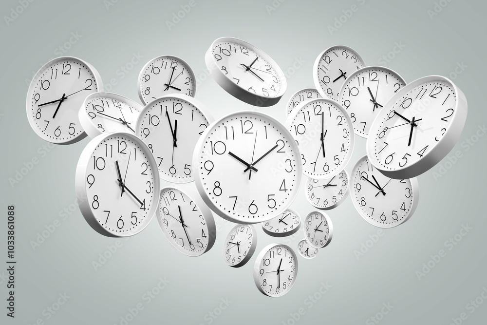 Fototapete time concept with multiple floating clocks