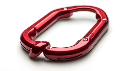 Red locking karabiner done up, isolated on white background, with copy space. Close up of locking carabiner. Basic climbing gear. 